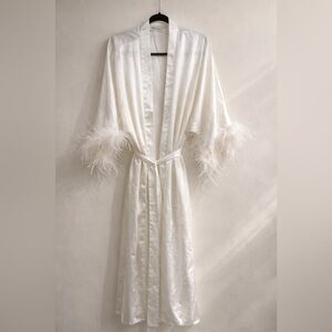 Elegant White Feather Trim Robe- Wedding Getting ready look